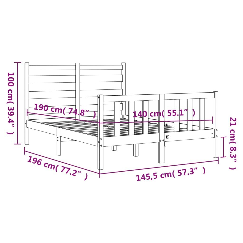 vidaXL gultas rāmis ar galvgali, 140x190 cm, masīvkoks, balts cena un informācija | Gultas | 220.lv