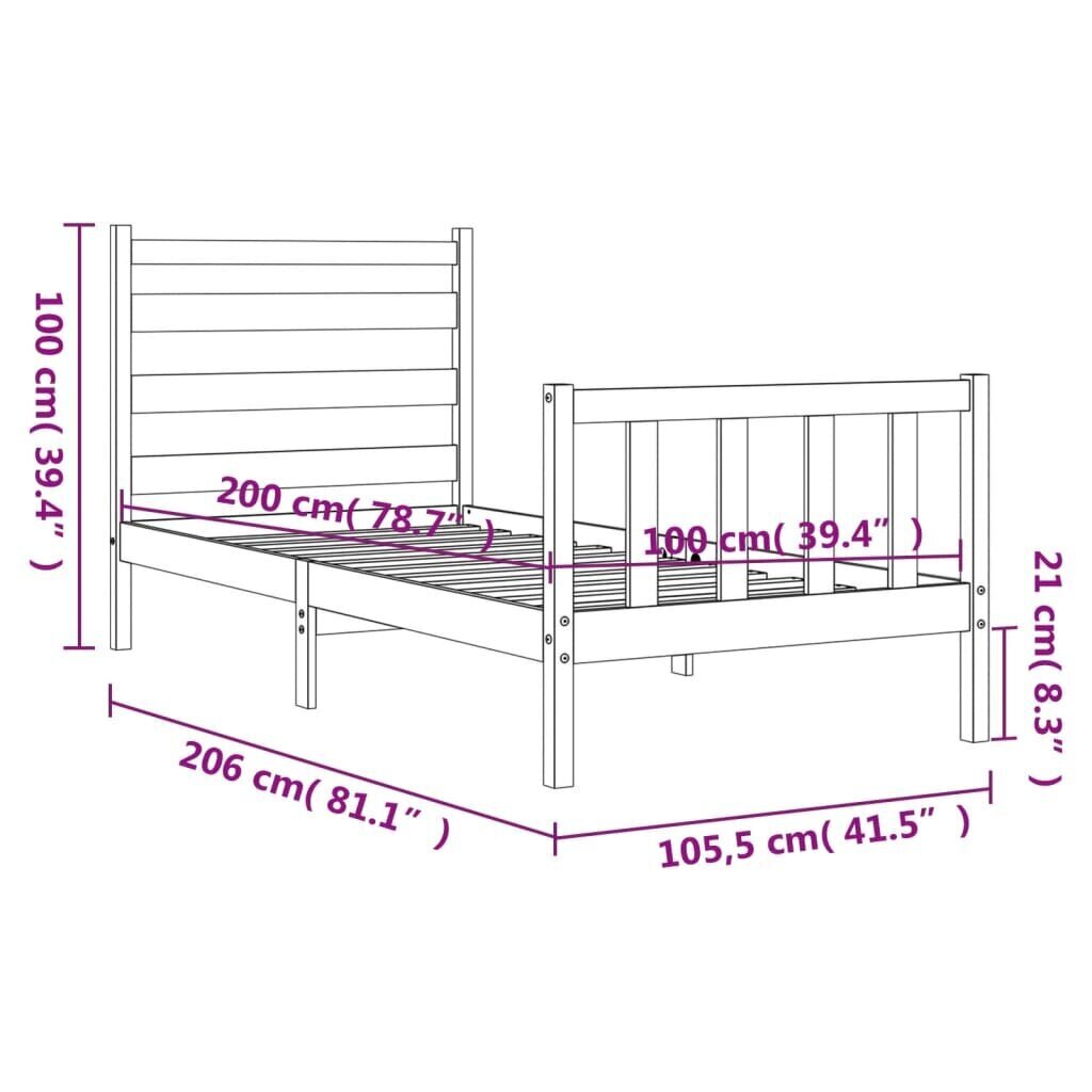 vidaXL gultas rāmis ar galvgali, 100x200 cm, masīvkoks, balts cena un informācija | Gultas | 220.lv