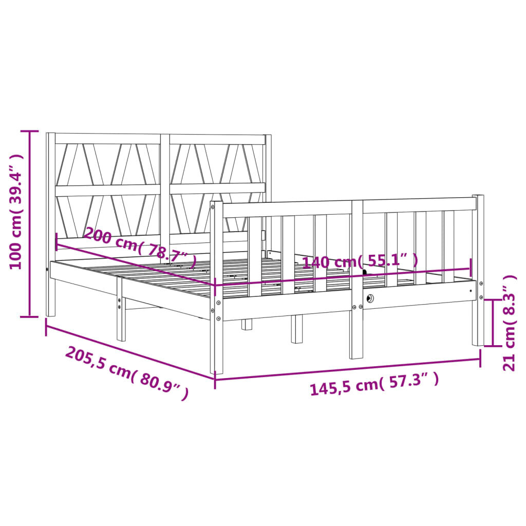 vidaXL gultas rāmis ar galvgali, 140x200 cm, masīvkoks, melns cena un informācija | Gultas | 220.lv