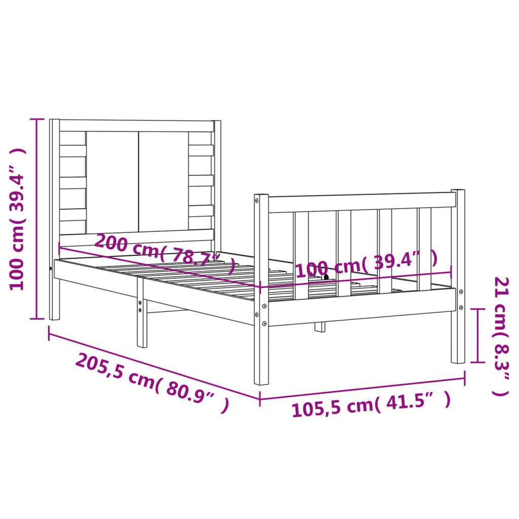 vidaXL gultas rāmis ar galvgali, 100x200 cm, masīvkoks, melns цена и информация | Gultas | 220.lv