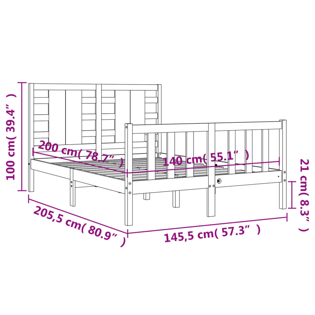 vidaXL gultas rāmis ar galvgali, 140x200 cm, masīvkoks, melns cena un informācija | Gultas | 220.lv