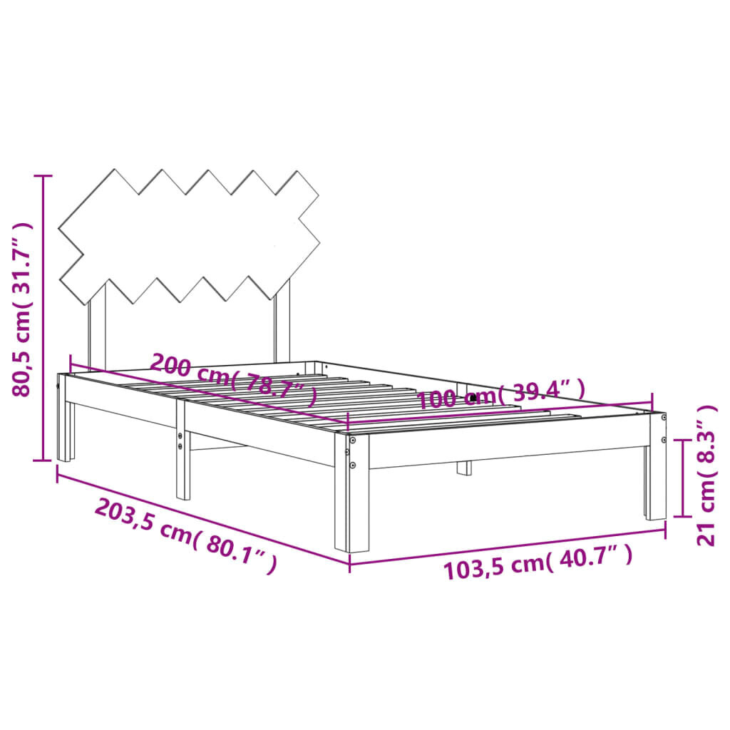 vidaXL gultas rāmis ar galvgali, 100x200 cm, masīvkoks, melns cena un informācija | Gultas | 220.lv