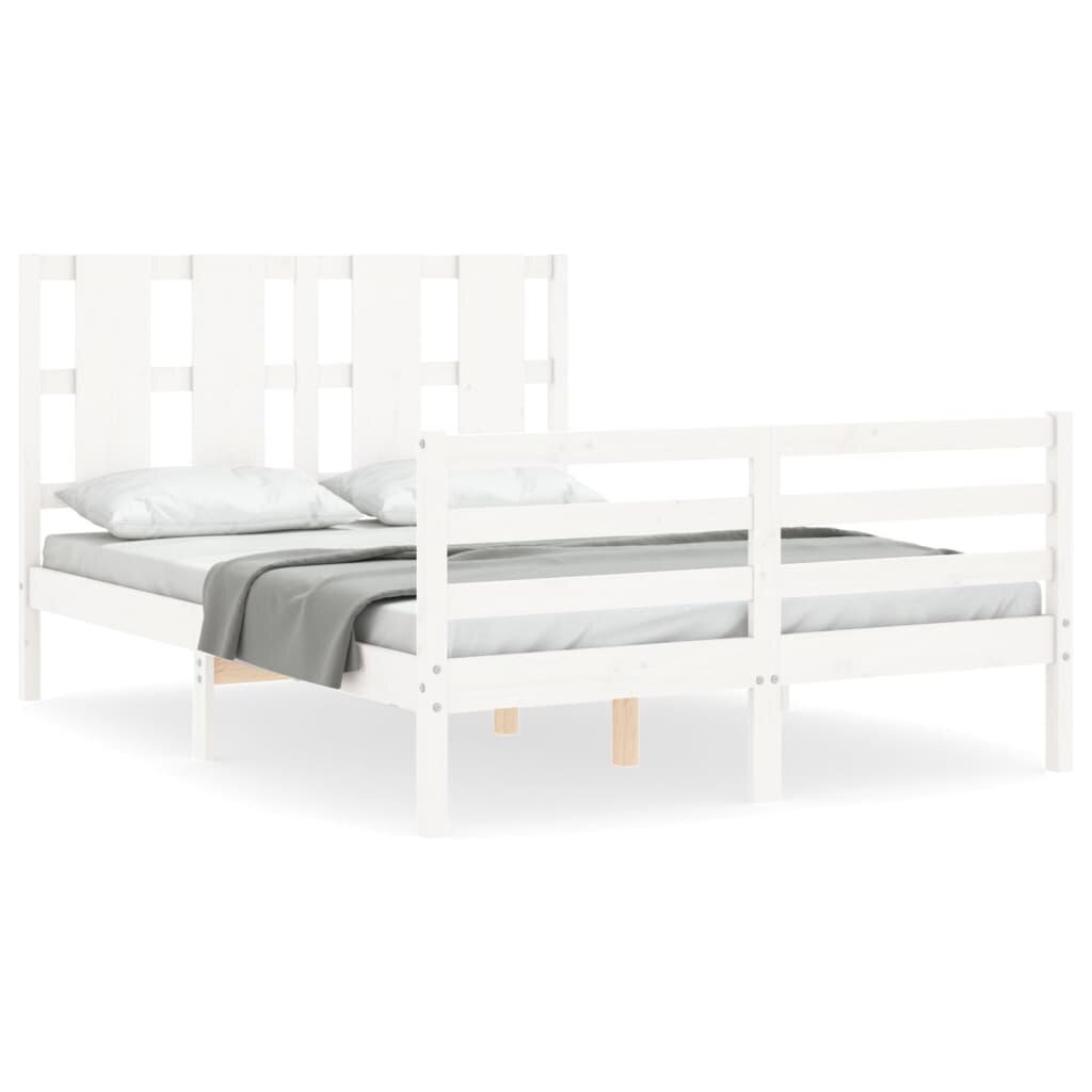 vidaXL gultas rāmis ar galvgali, 4FT, divvietīgs, masīvkoks, balts cena un informācija | Gultas | 220.lv
