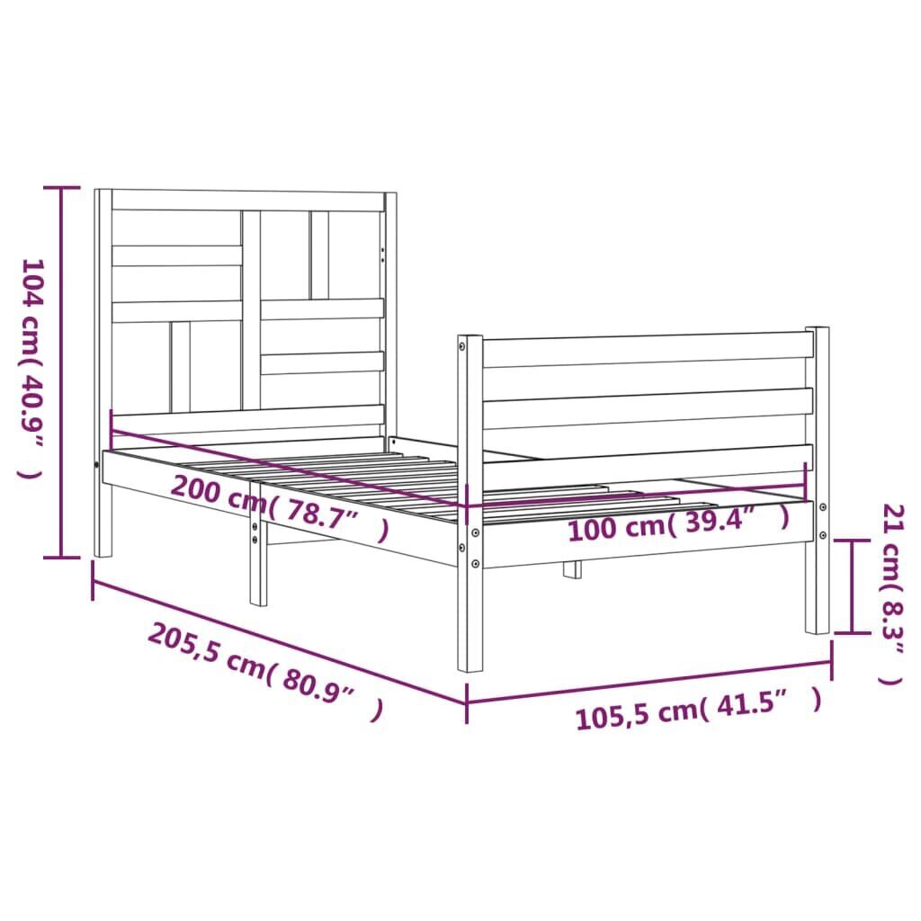 vidaXL gultas rāmis ar galvgali, 100x200 cm, masīvkoks, balts цена и информация | Gultas | 220.lv