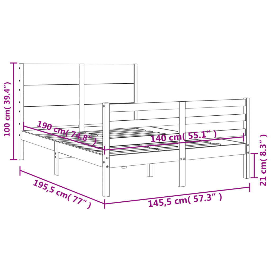 vidaXL gultas rāmis ar galvgali, 140x190 cm, masīvkoks, balts cena un informācija | Gultas | 220.lv