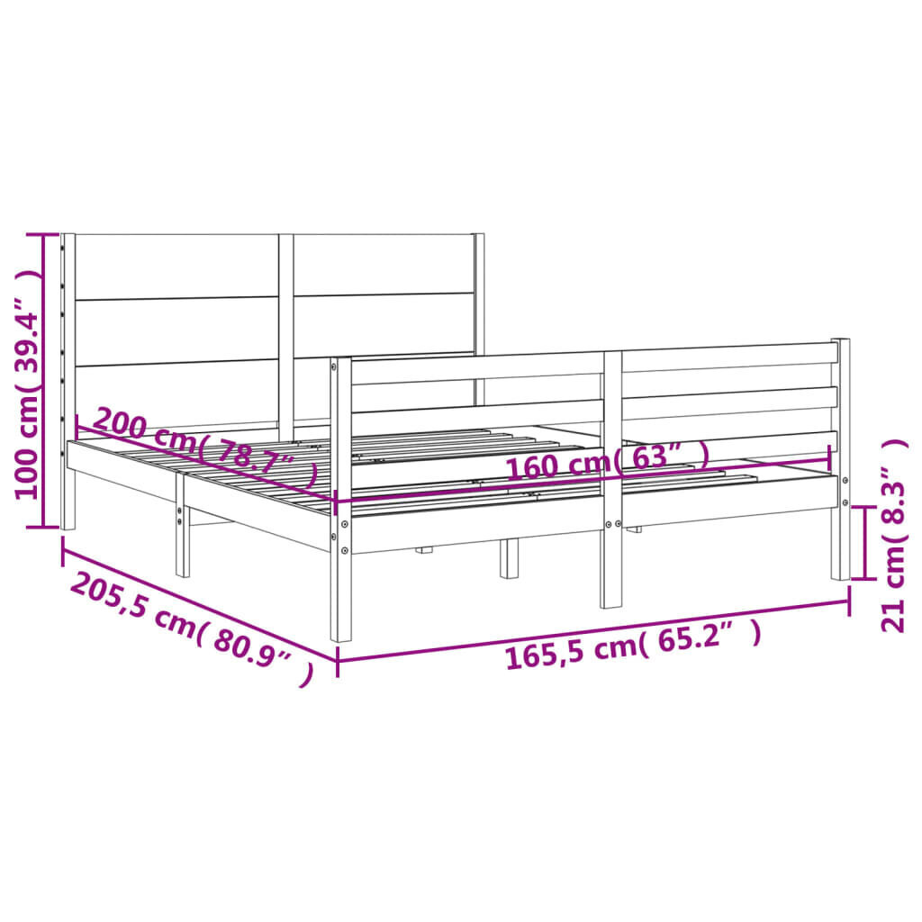 vidaXL gultas rāmis ar galvgali, 160x200 cm, masīvkoks, balts cena un informācija | Gultas | 220.lv