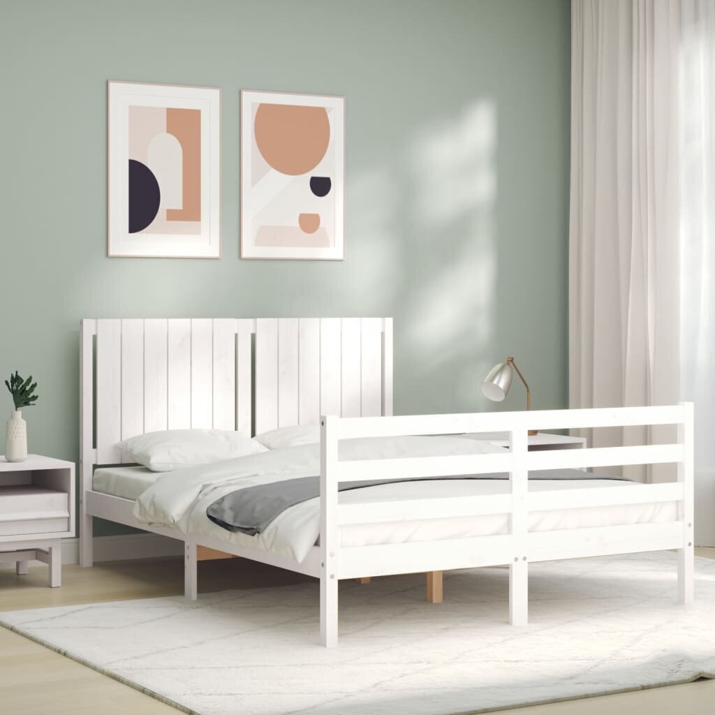 vidaXL gultas rāmis ar galvgali, 140x200 cm, masīvkoks, balts cena un informācija | Gultas | 220.lv