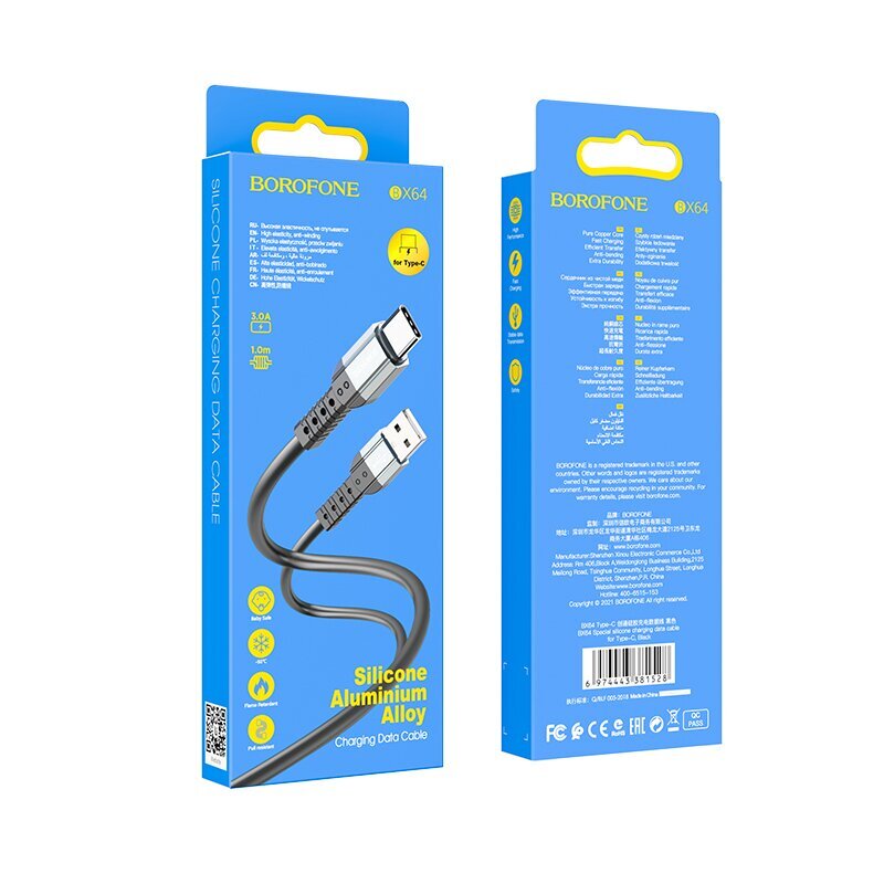 Borofone Cable BX64 Special Silicone - USB to Type C - 3A 1 m, black цена и информация | Savienotājkabeļi | 220.lv