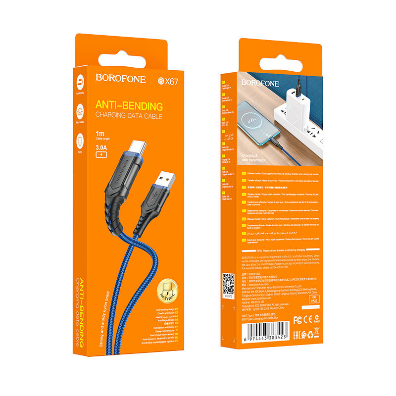 Borofone Cable BX67 - USB to Type C - 3A 1 m, blue cena un informācija | Savienotājkabeļi | 220.lv