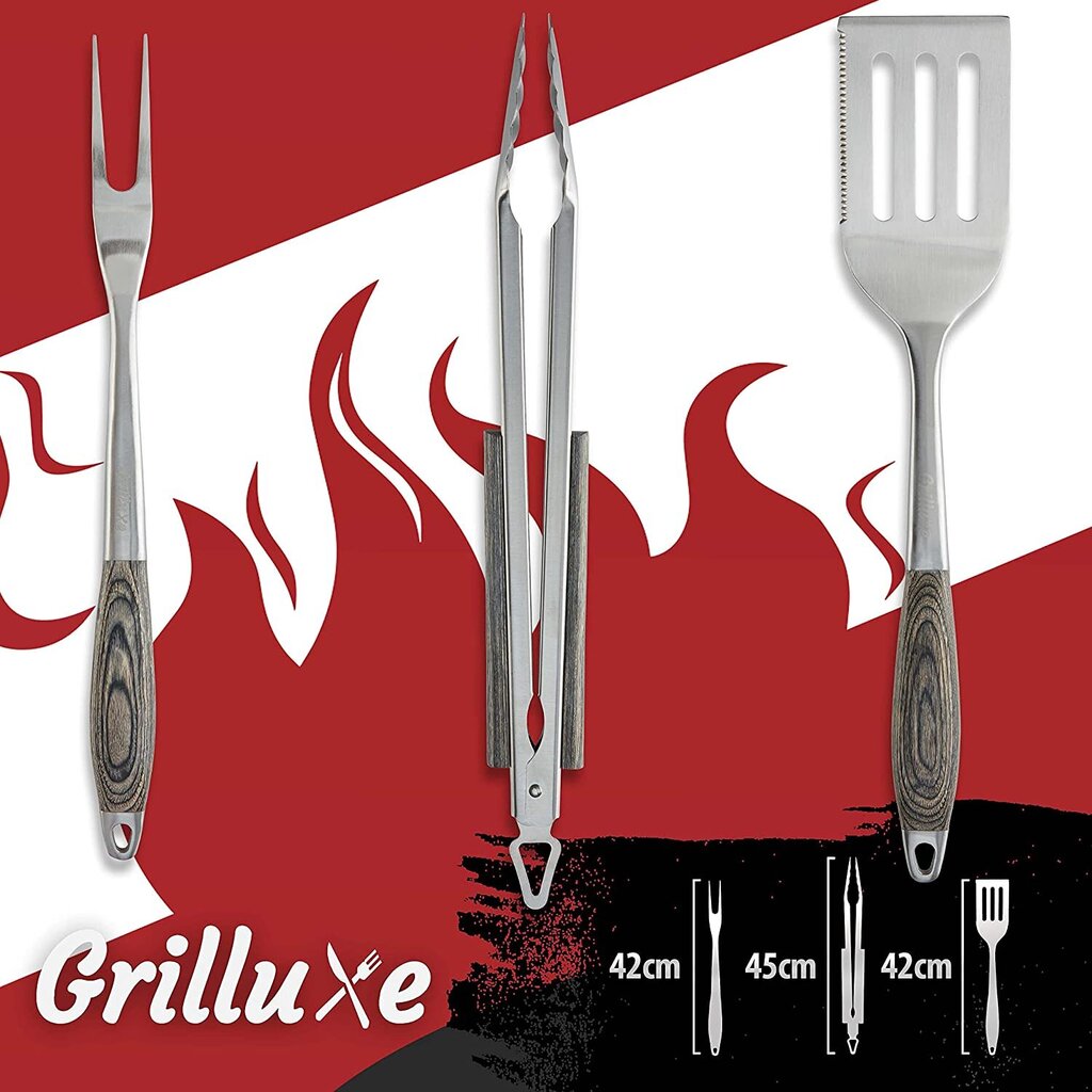 Grilluxe Premium grila galda piederumu komplekts, gaļas dakša + knaibles + lāpstiņa, 3 gab. цена и информация | Grila, barbekjū piederumi un aksesuāri | 220.lv