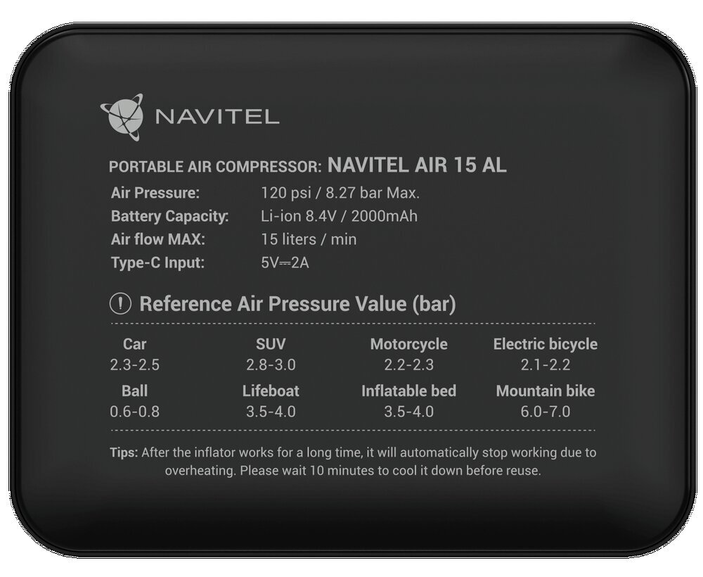 Gaisa kompresors, NAVITEL AIR15AL, matraču sūknis, lodīšu sūknis, pārnēsājams cena un informācija | Kompresori | 220.lv