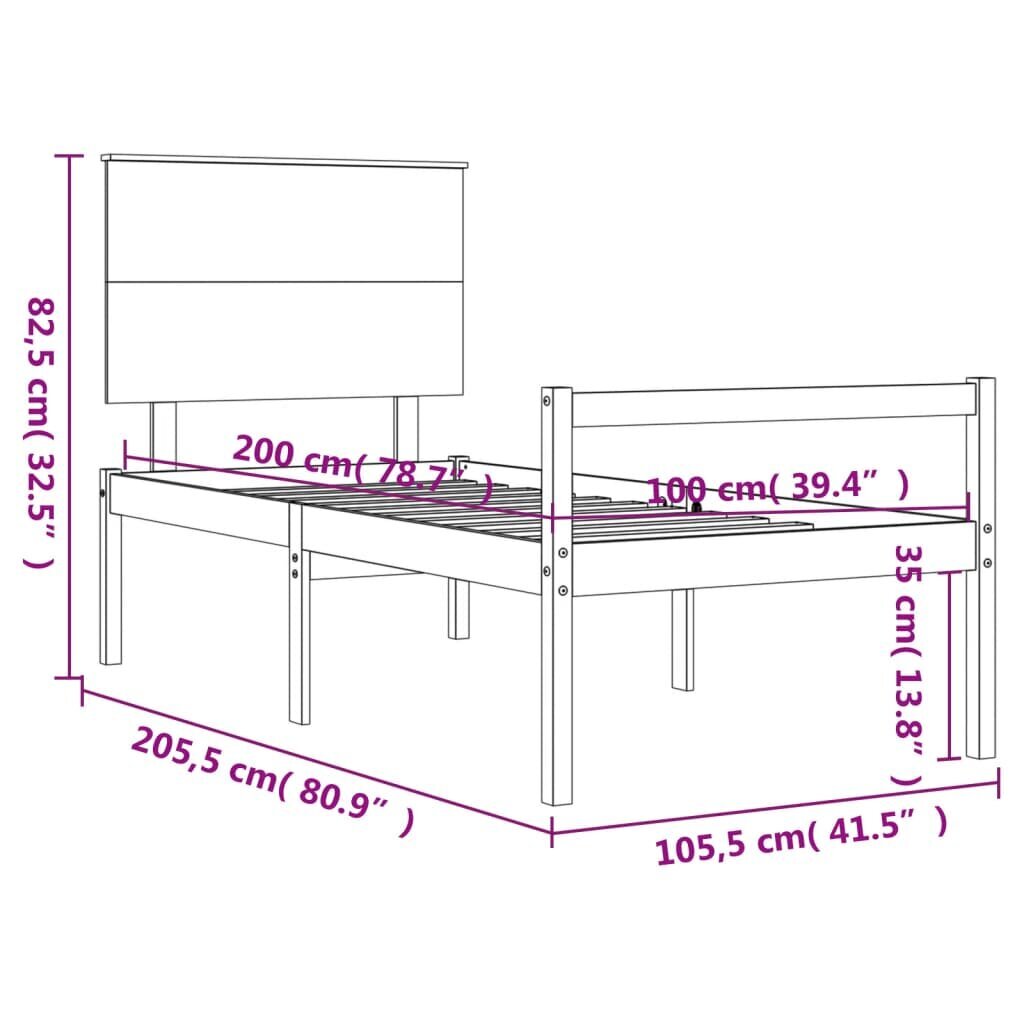 vidaXL gultas rāmis ar galvgali, pelēks, 100x200 cm, masīvkoks cena un informācija | Gultas | 220.lv