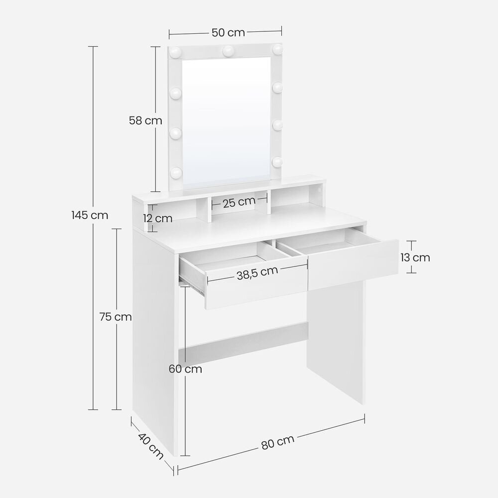 Kosmētikas galdiņš ar spoguli un LED apgaismojumu, balts, 80 x 40 x 145cm cena un informācija | Kosmētikas galdiņi | 220.lv