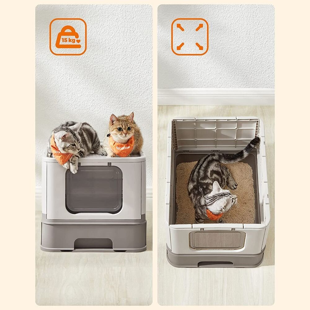 Kaķu pakaišu kastīte ar vāku un augšējo piekļuvi, pelēkā un baltā krāsā cena un informācija | Kaķu tualetes | 220.lv