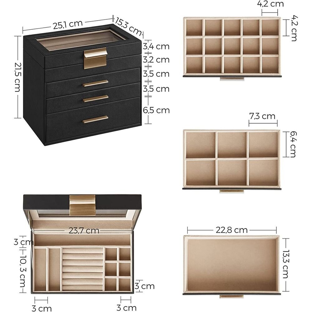 Juvelierizstrādājumu kastīte ar stikla vāku un 3 atvilktnēm, melna, 15 x 25 x 21 cm cena un informācija | Interjera priekšmeti | 220.lv