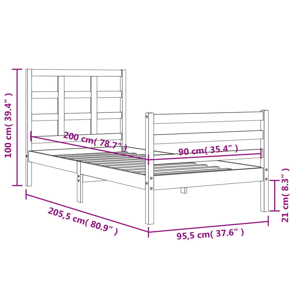 vidaXL gultas rāmis ar galvgali, brūns, masīvkoks, 90x200 cm cena un informācija | Gultas | 220.lv