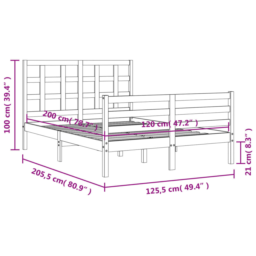 vidaXL gultas rāmis ar galvgali, 120x200 cm, masīvkoks, melns cena un informācija | Gultas | 220.lv