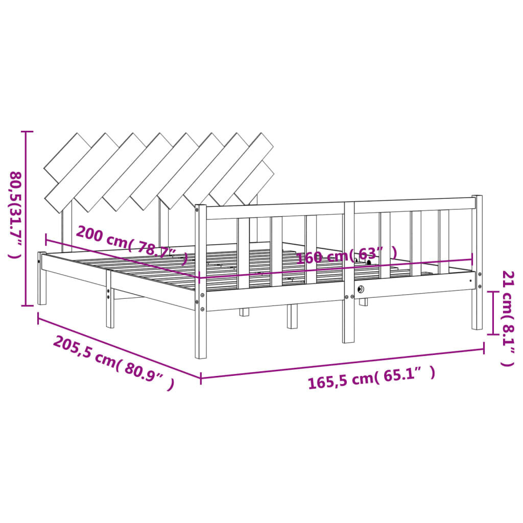 vidaXL gultas rāmis ar galvgali, 160x200 cm, masīvkoks cena un informācija | Gultas | 220.lv