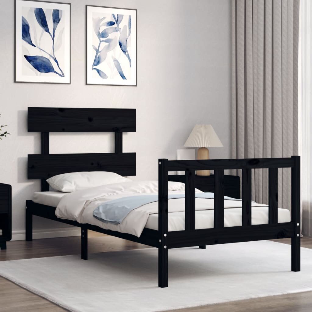 vidaXL gultas rāmis ar galvgali, 2FT6, vienvietīgs, masīvkoks, melns цена и информация | Gultas | 220.lv