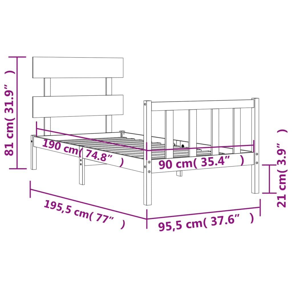 vidaXL gultas rāmis ar galvgali, 3FT, vienvietīgs, masīvkoks, balts цена и информация | Gultas | 220.lv