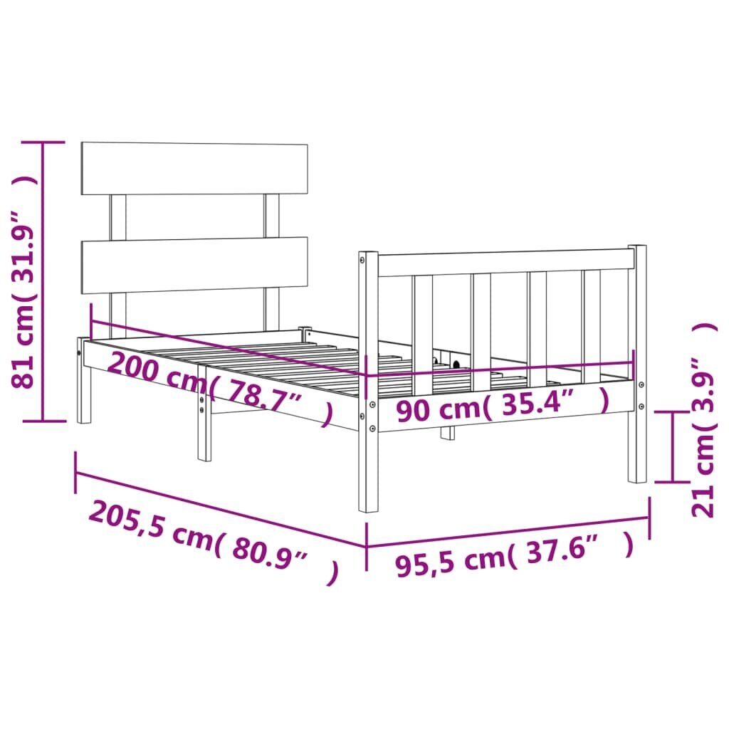 vidaXL gultas rāmis ar galvgali, balts, masīvkoks, 90x200 cm cena un informācija | Gultas | 220.lv