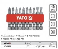 Yato Końcówki wkrętakowe 5,6mm Ph1 Ph2 Pz1 Pz2 50mm 1/4 10szt. YT-0483 cena un informācija | Rokas instrumenti | 220.lv