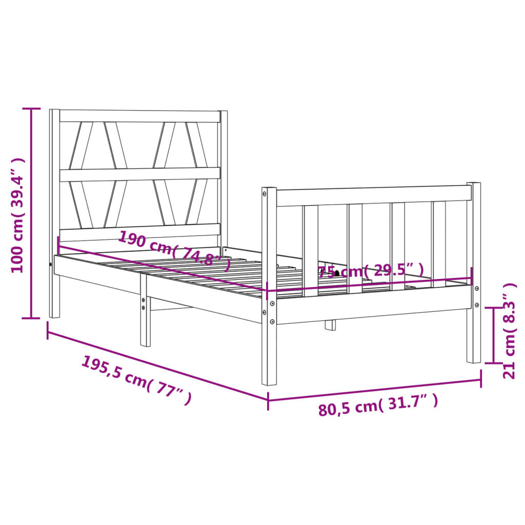 vidaXL gultas rāmis ar galvgali, 2FT6, vienvietīgs, masīvkoks cena un informācija | Gultas | 220.lv