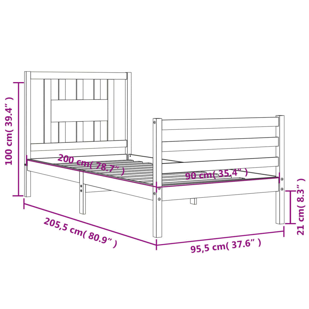 vidaXL gultas rāmis ar galvgali, pelēks, masīvkoks, 90x200 cm cena un informācija | Gultas | 220.lv