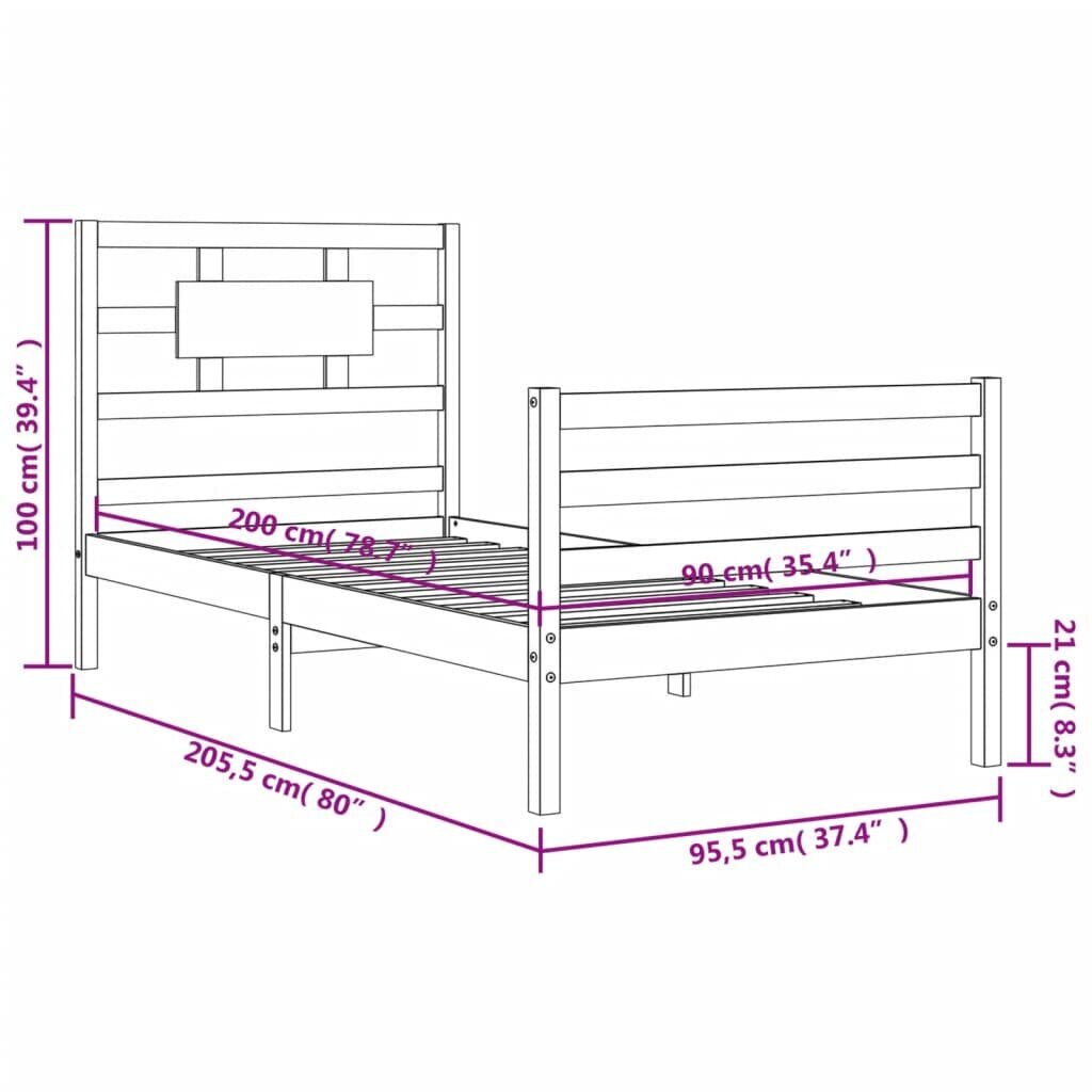 vidaXL gultas rāmis ar galvgali, melns, masīvkoks, 90x200 cm cena un informācija | Gultas | 220.lv