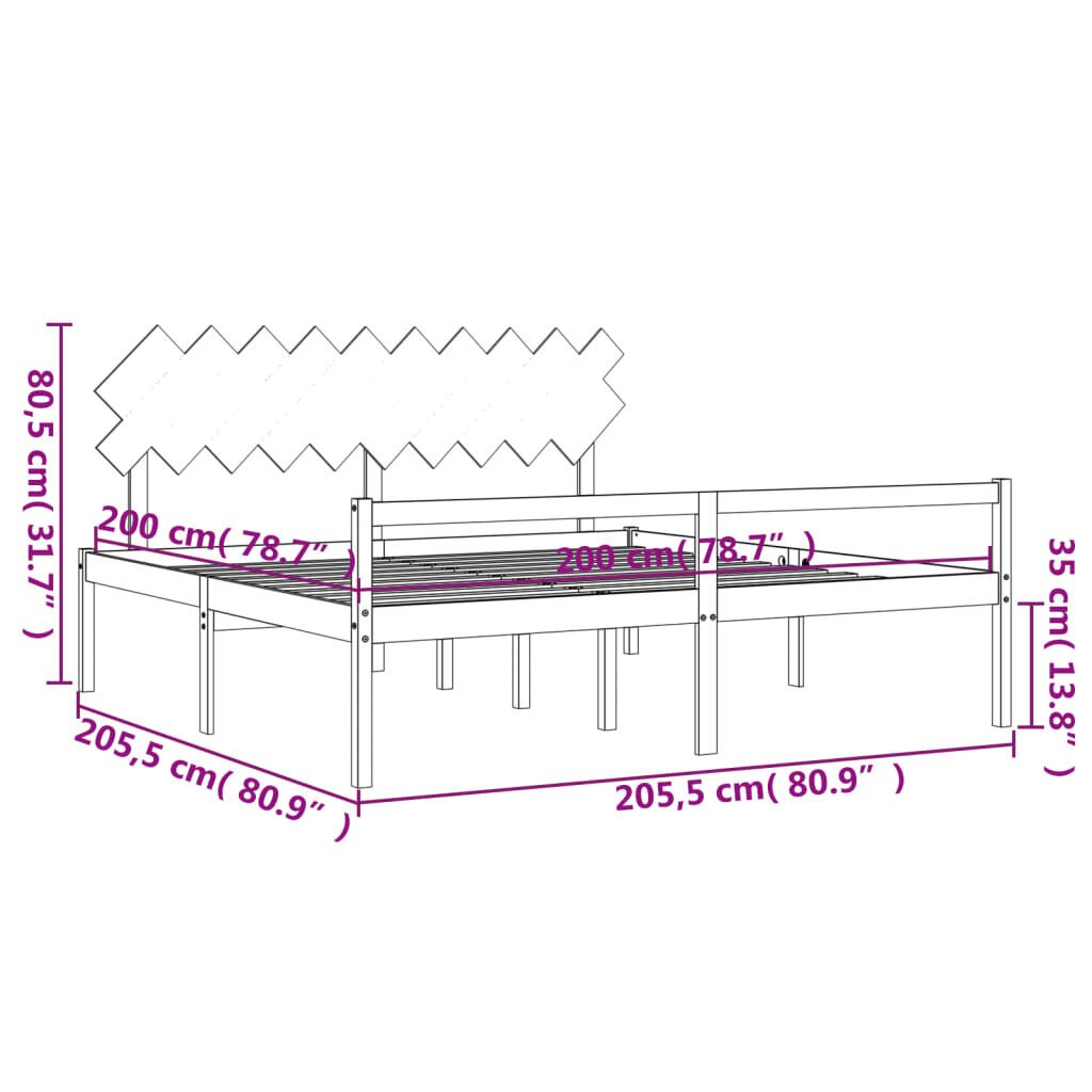 vidaXL gultas rāmis ar galvgali, 200x200 cm, masīvkoks, balts cena un informācija | Gultas | 220.lv