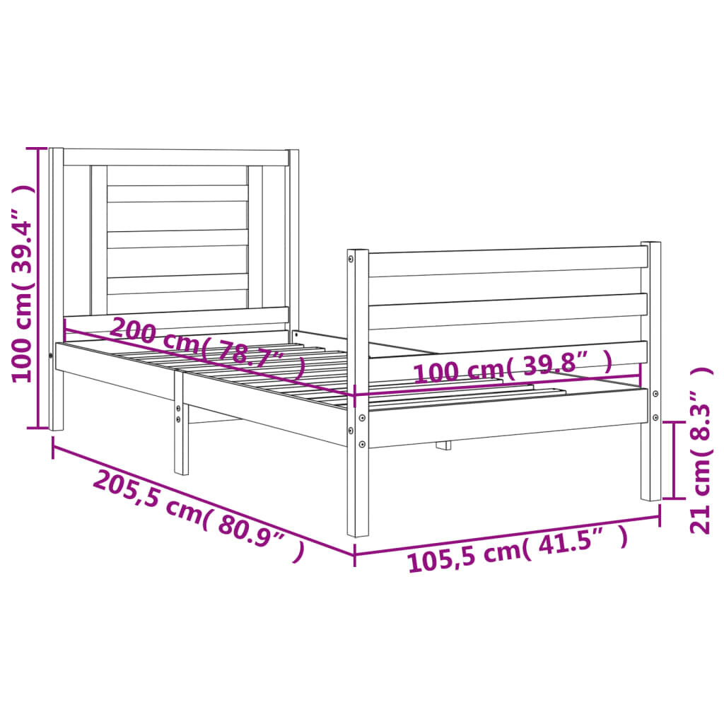 vidaXL gultas rāmis ar galvgali, melns, 100x200 cm, masīvkoks cena un informācija | Gultas | 220.lv