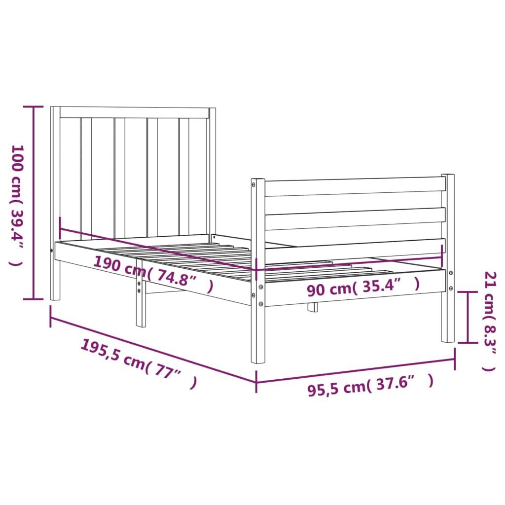 vidaXL gultas rāmis ar galvgali, balts, 3FT, vienvietīgs, masīvkoks цена и информация | Gultas | 220.lv