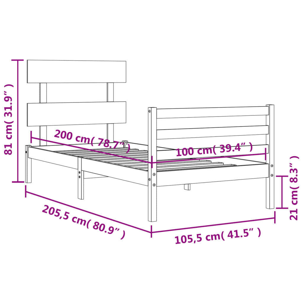 vidaXL gultas rāmis ar galvgali, 100x200 cm, masīvkoks cena un informācija | Gultas | 220.lv