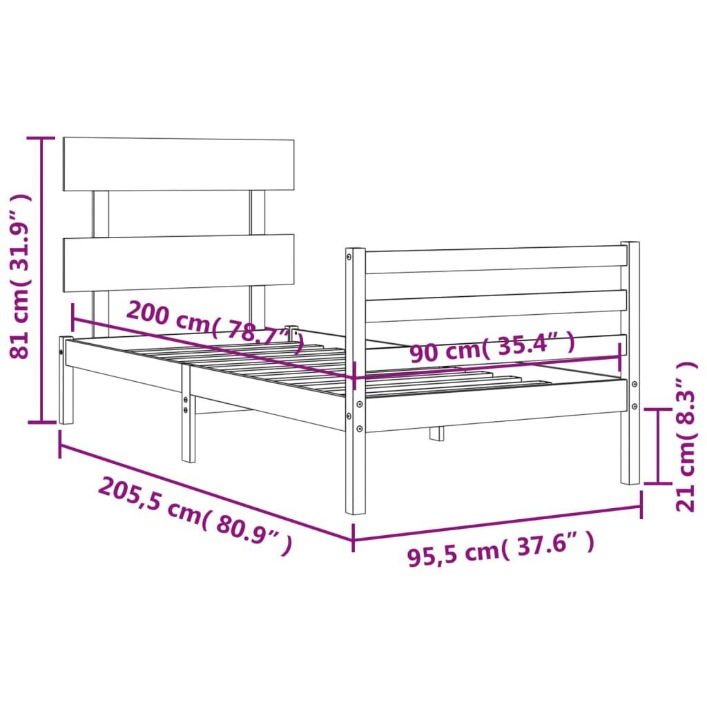 vidaXL gultas rāmis ar galvgali, balts, masīvkoks, 90x200 cm cena un informācija | Gultas | 220.lv