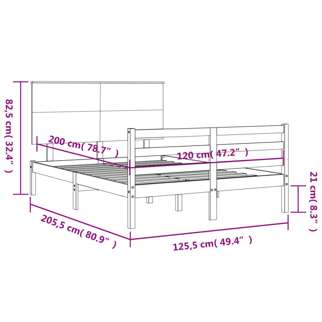 vidaXL gultas rāmis ar galvgali, 120x200 cm, masīvkoks, melns cena un informācija | Gultas | 220.lv