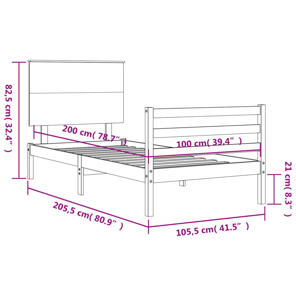vidaXL gultas rāmis ar galvgali, balts, 100x200 cm, masīvkoks цена и информация | Gultas | 220.lv