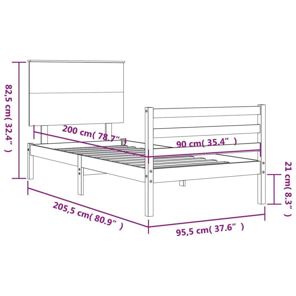 vidaXL gultas rāmis ar galvgali, balts, masīvkoks, 90x200 cm cena un informācija | Gultas | 220.lv