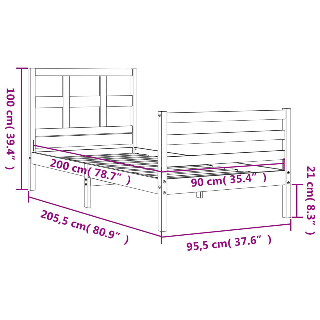 vidaXL gultas rāmis ar galvgali, balts, masīvkoks, 90x200 cm cena un informācija | Gultas | 220.lv