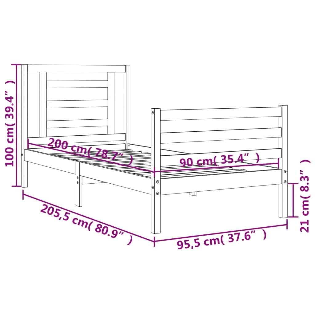 vidaXL gultas rāmis ar galvgali, melns, masīvkoks, 90x200 cm cena un informācija | Gultas | 220.lv