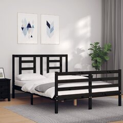 vidaXL gultas rāmis ar galvgali, melns, 4FT6, divvietīgs, masīvkoks cena un informācija | Gultas | 220.lv