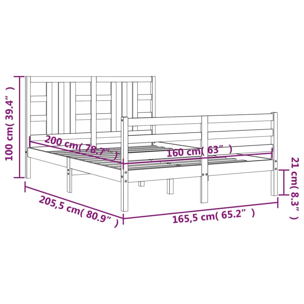 vidaXL gultas rāmis ar galvgali, 160x200 cm, masīvkoks, pelēks cena un informācija | Gultas | 220.lv