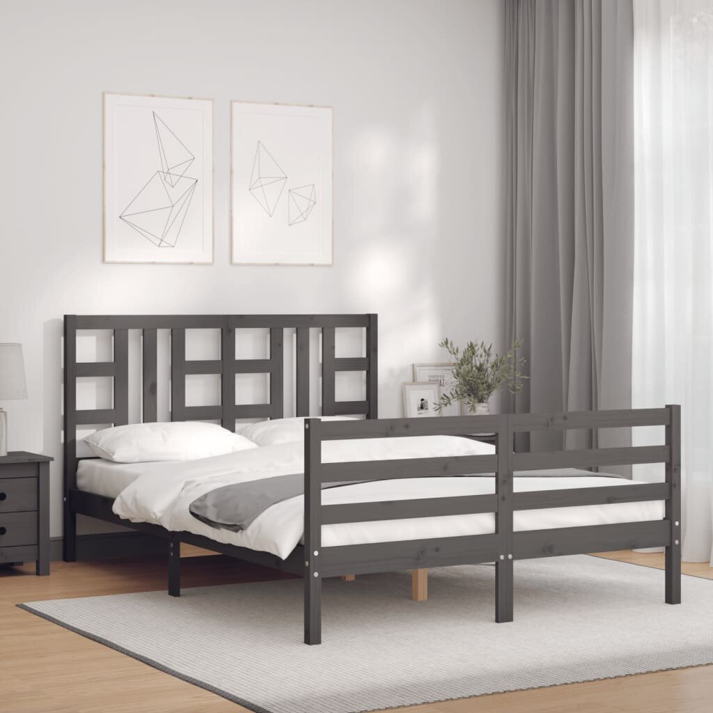 vidaXL gultas rāmis ar galvgali, 160x200 cm, masīvkoks, pelēks cena un informācija | Gultas | 220.lv