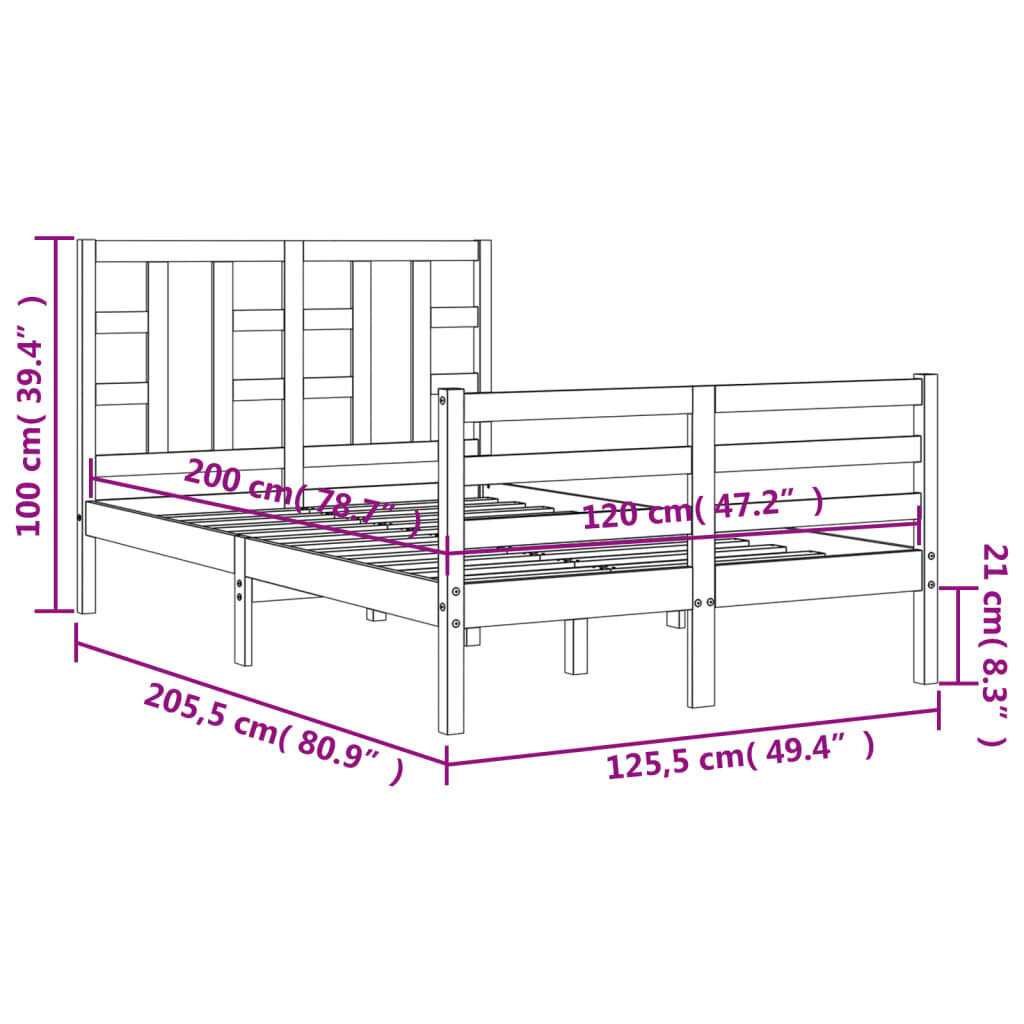 vidaXL gultas rāmis ar galvgali, 120x200 cm, masīvkoks, melns cena un informācija | Gultas | 220.lv