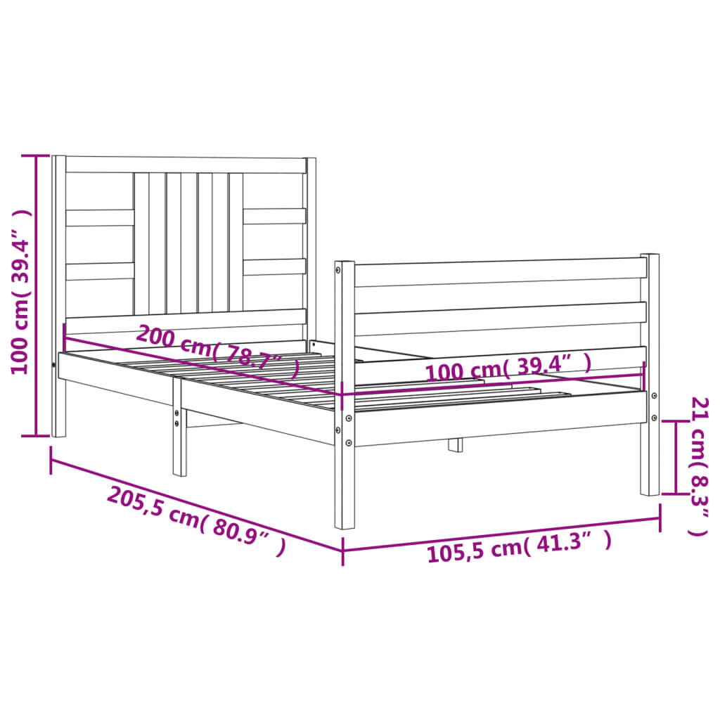 vidaXL gultas rāmis ar galvgali, balts, 100x200 cm, masīvkoks cena un informācija | Gultas | 220.lv