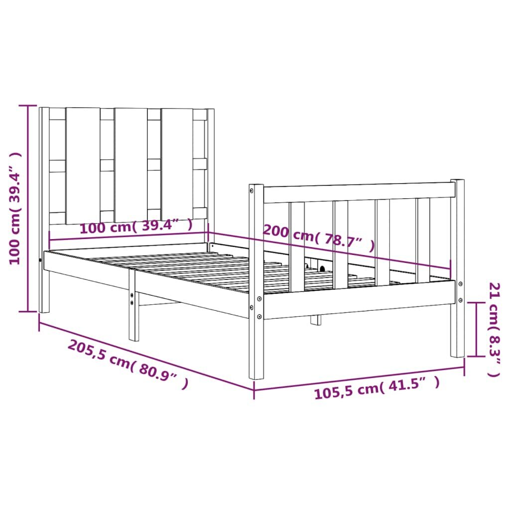 vidaXL gultas rāmis ar galvgali, balts, 100x200 cm, masīvkoks цена и информация | Gultas | 220.lv