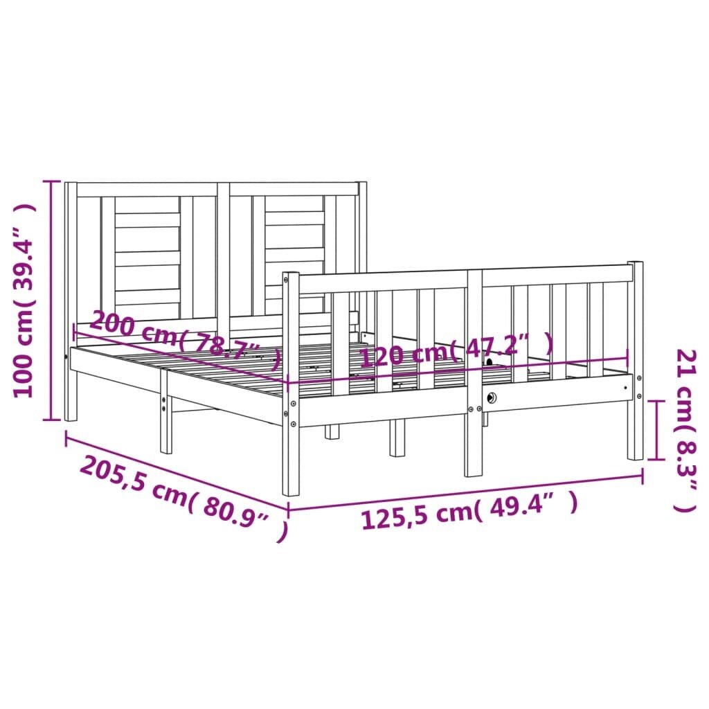 vidaXL gultas rāmis ar galvgali, 120x200 cm, masīvkoks cena un informācija | Gultas | 220.lv