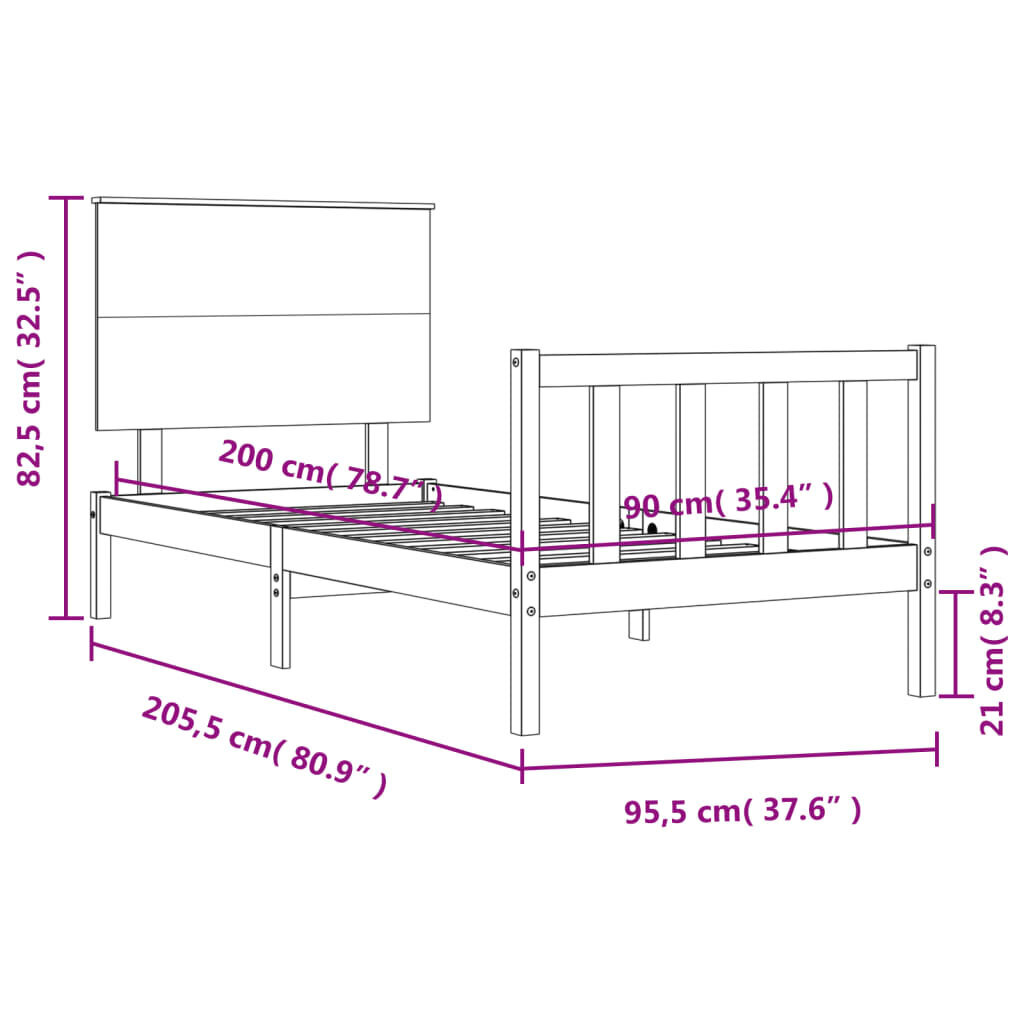 vidaXL gultas rāmis ar galvgali, balts, masīvkoks, 90x200 cm cena un informācija | Gultas | 220.lv