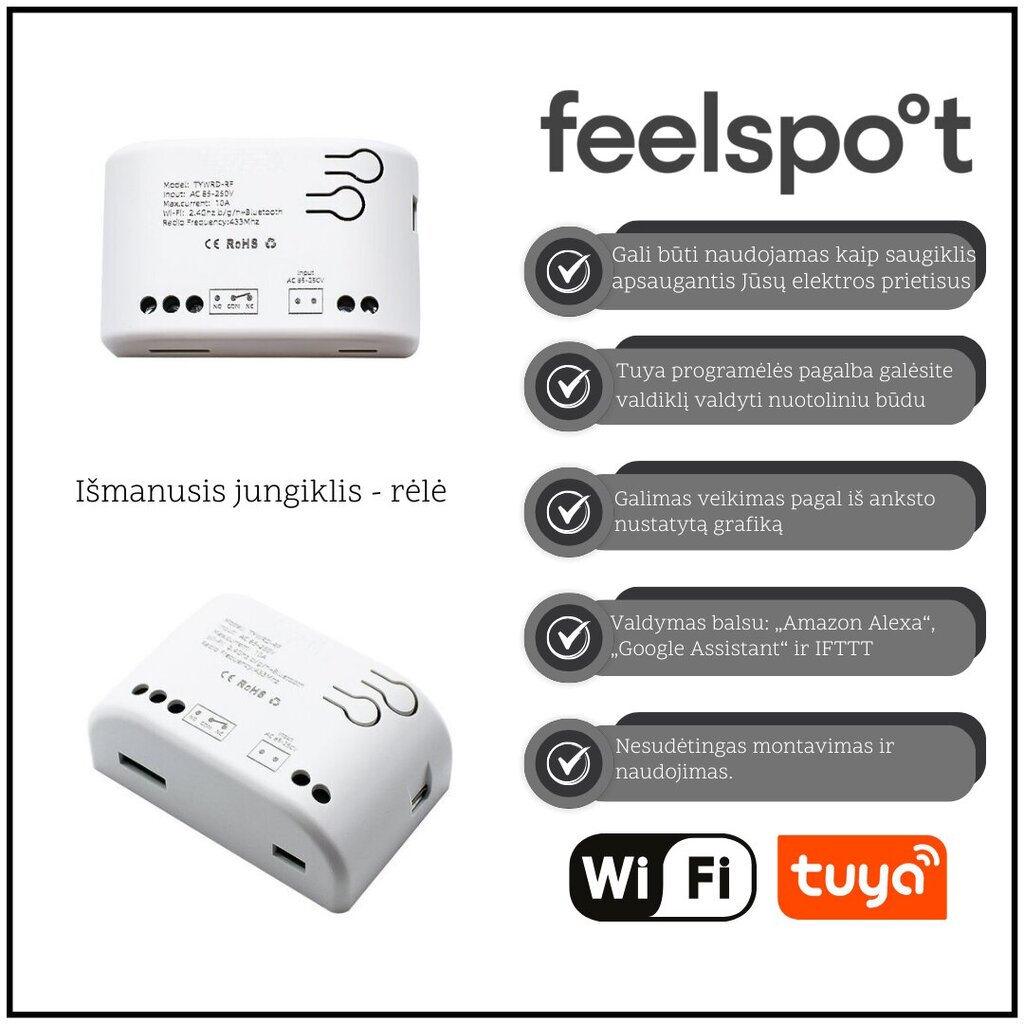 Viedais slēdzis - relejs Feelspot FS-SRS02W RF, Wi-fi, Tuya cena un informācija | Elektrības slēdži, rozetes | 220.lv