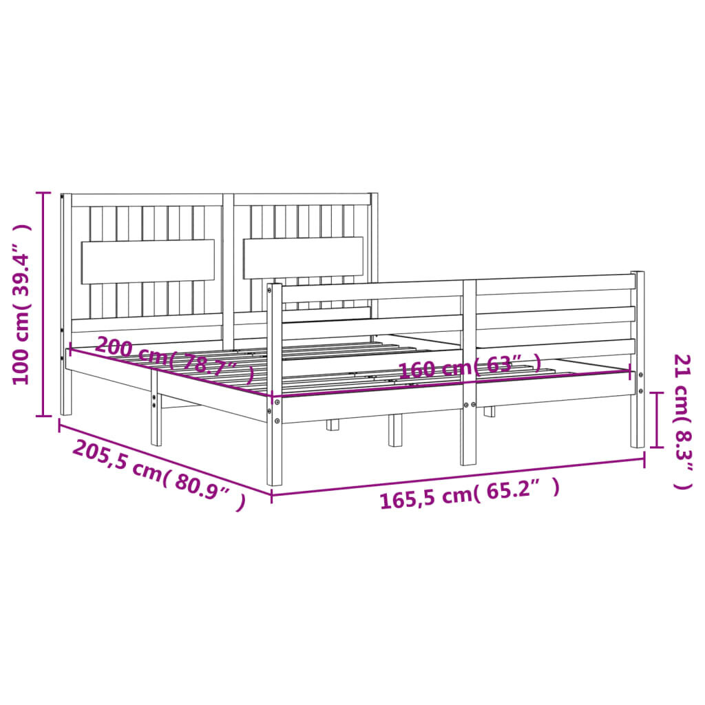 vidaXL gultas rāmis ar galvgali, 160x200 cm, masīvkoks, melns cena un informācija | Gultas | 220.lv