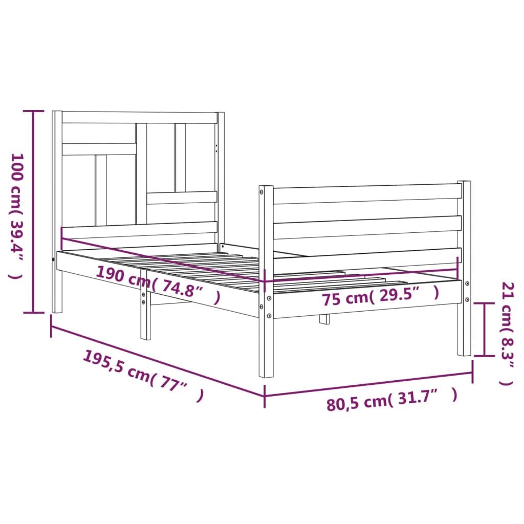 vidaXL gultas rāmis ar galvgali, 2FT6, vienvietīgs, masīvkoks цена и информация | Gultas | 220.lv
